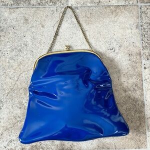 Vintage 1960s Blue Vinyl Clutch Purse with Gold Frame & Striped Lining